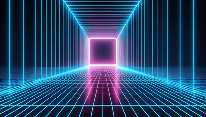 A futuristic digital corridor illuminated by neon lines, leading towards a glowing square, creating a sense of depth and modernity.