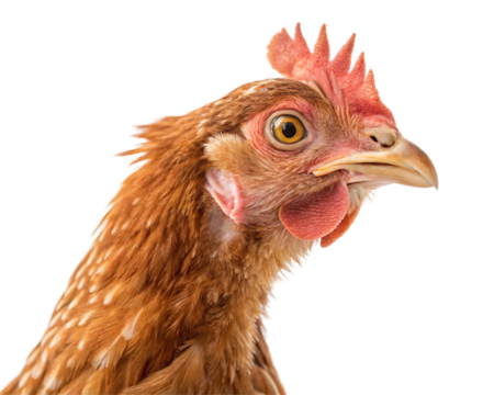 Portrait of a chicken isolated on white background cutout, close up of livestock farm animal birds head
