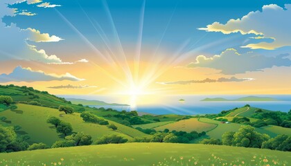 Obraz premium A beautiful sunrise over rolling green hills with a distant island and ocean.