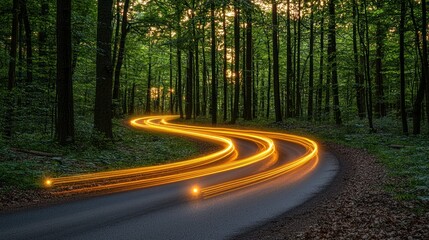 Fototapeta premium Golden Trails Through the Enchanted Forest: A Journey of Light and Nature