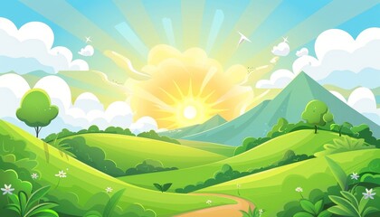 Obraz premium A cartoon landscape with rolling green hills, a mountain in the distance, and a bright sun rising above the clouds.