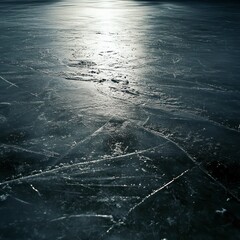 A close-up view of an ice surface with visible scratches and texture, reflecting soft lighting, giving a frosty and chilled appearance.