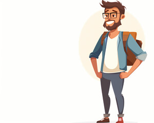 Obraz premium Stylish Bearded Man Cartoon Illustration with Backpack for Adventure and Travel Themes