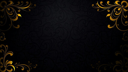 Elegant Black and Gold Ornate Background with Flourishes and Swirls Design