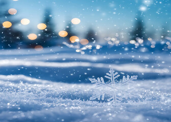 Winter Snowflake Scene: Snowy Landscape with Blurred Lights