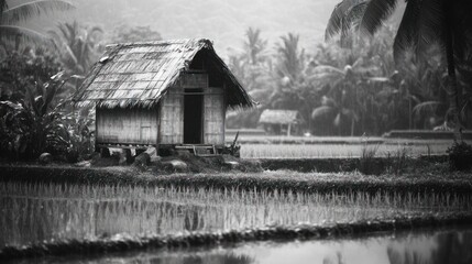 Rustic hut in a rice paddy field.