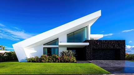 A sharp-edged triangular house with crisp white walls