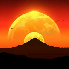 Obraz premium A large, glowing moon rises over a mountain range, silhouetted against a bright orange sky.