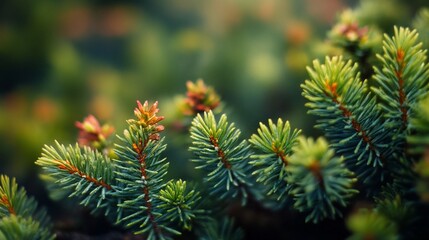 Close-up of vibrant green pine tree branches with new growth.