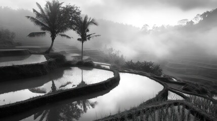 Misty sunrise over terraced rice paddies, reflecting palm trees in monochrome.