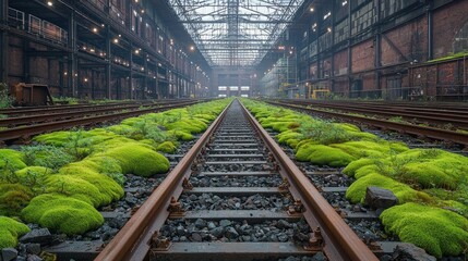 Fototapeta premium Overgrown Railway Tracks in an Abandoned Industrial Building