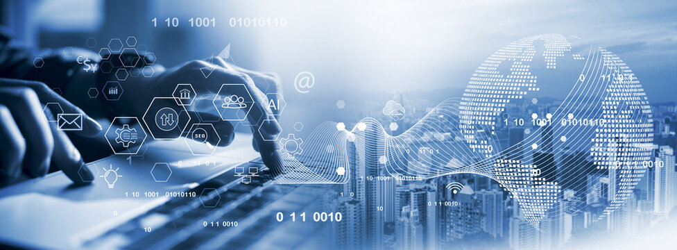 Internet network connection, digital marketing, global business network, IoT internet of things. Woman using mobile phone surfing internet and smart city, online business strategy, e-commerce