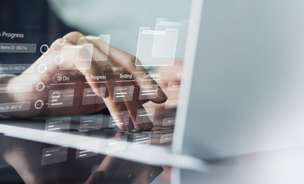 Business developer using Kanban board framework on laptop computer. Agile software development lean project management tool for fast changes, project management concept