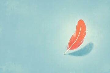 A Single Orange Feather Falls Gently Against A Pale Blue Sky