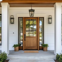 Elegant wooden front door of a modern house with glass side panels, decorative lanterns, and potted plants for a welcoming entryway.