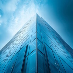Skyscraper with blue glass facade, illuminated windows, reflecting city lights, showcasing modern architecture, urban sophistication, and vertical design.