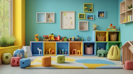 Colorful playroom with toys, shelves, and rug.