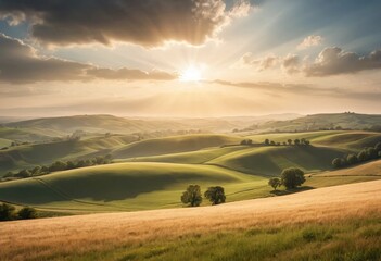 Scenic Hills and Open Fields Bathed in Sunset Light