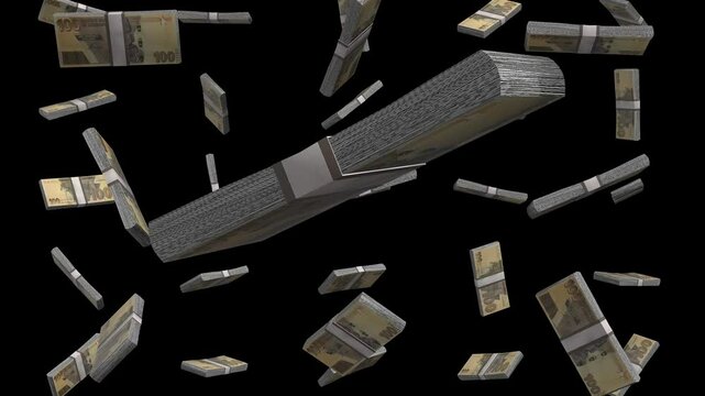 Zimbabwe 100 Dollars Banknotes Falling Animation on Black Screen