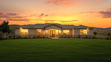 A single-story ranch-style home with beige stone accents, glowing lights at dusk, surrounded by lush green grass