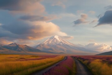 Naklejka premium A serene landscape featuring a snow-capped mountain under a colorful sky, surrounded by vibrant fields of flowers and a winding dirt path