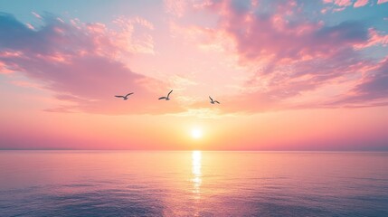 Serene sunset over calm ocean with three birds in flight.