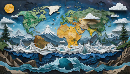 Fototapeta premium Paper cut style world map with mountains ocean and stars detailed conceptual art