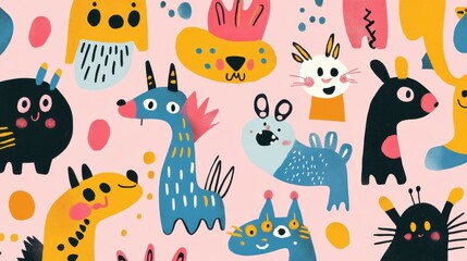 Naklejka premium Playful Colorful Creatures Delightful Cartoon Animals