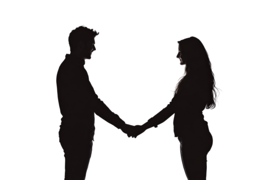 Couple holding hands in silhouette isolated on transparent background