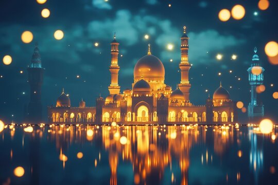 A creative depiction of a mosque illuminated with lights during the last 10 nights of Ramadan