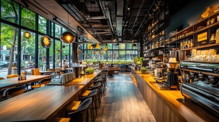 Fototapeta premium An artisan coffee pour-over setup in a high-end caf with modern decor.