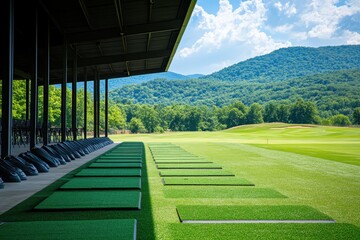 Scenic Golf Course Driving Range with Lush Green Grass and Mountain Backdrop on a Sunny Day Under a Clear Blue Sky with Fluffy Clouds