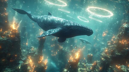Fototapeta premium Whale swims bioluminescent ocean; fantasy underwater scene