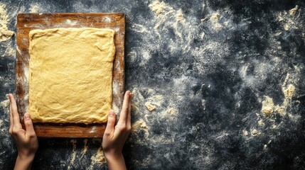 Rolled dough on board, kitchen preparation, floury background, baking