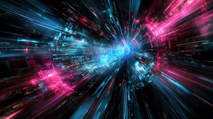 Cybernetic Speed Tunnel: Vivid Pink and Blue Digital Art