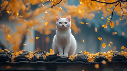 White cat autumn leaves roof ancient town