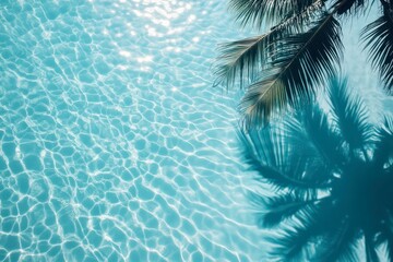 shadow of a palm tree on turquoise water and white sand, evoking tropical vibes, serenity, and a relaxing beach setting.