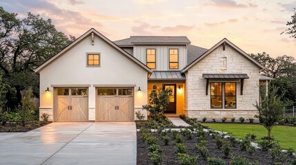 A sleek farmhouse with pale cream walls
