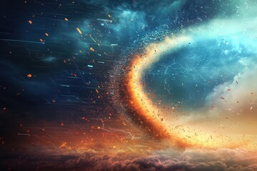 Obraz premium A creative depiction of a tornado forming, with labeled details showing its funnel, debris cloud, and wind speeds