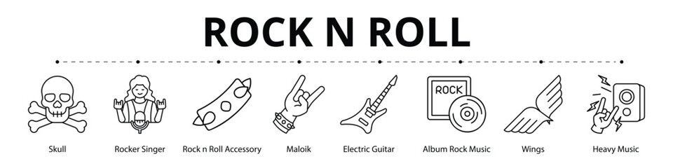 Rock n Roll Line Banner Web Icon Set Vector Illustration, Skull Rocker Singer Rock n Roll Maloik Electric Guitar Album Rock Music Wings Heavy Music