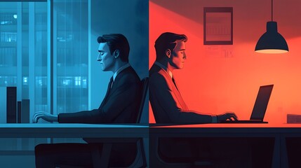Two Businessmen Working Late at Night in Separate Offices