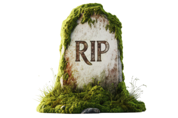 Weathered gravestone with 'RIP' inscription covered in lush green moss, symbolizing time and remembrance.