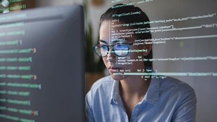 Focused Programmer: A female programmer, wearing glasses, intensely focused on her computer screen, lines of code seemingly overlaid on her face. - Powered by Adobe