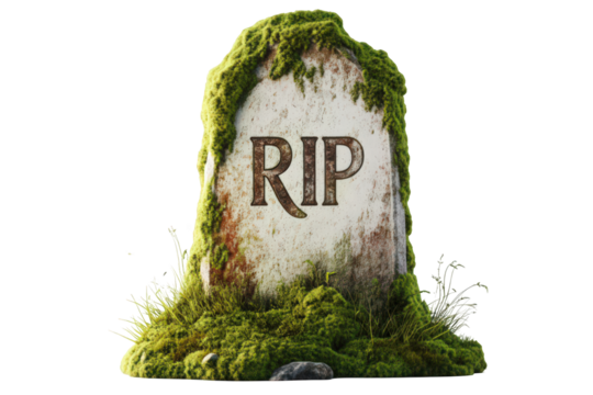 Weathered gravestone with 'RIP' inscription covered in lush green moss, symbolizing time and remembrance.