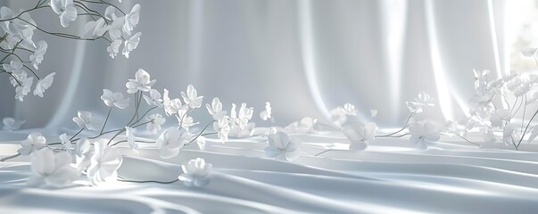 White flowers on silk fabric, soft light.  Elegant background for design