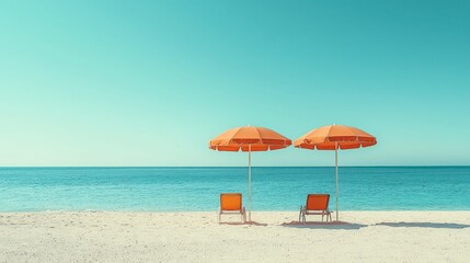 pristine beach with turquoise water, white sand, and two vibrant orange umbrellas casting shadows.