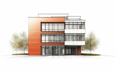 modern architectural rendering of a red brick residential building with glass balconies, sleek design, and contemporary urban housing aesthetic.