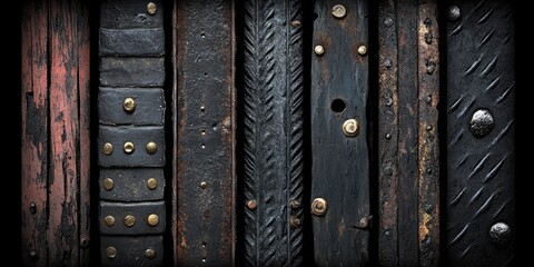 Fototapeta premium Old worn leather and wood textures. Background dark. Design use