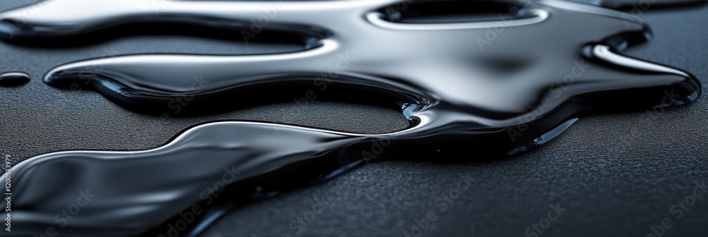 Fototapete Shimmering black oil puddle reflecting light on a flat surface with smooth contours creating an intriguing visual effect. Generative AI