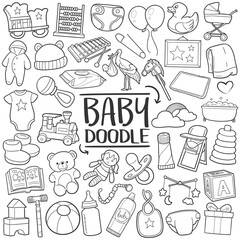 Baby New Born Doodle Icons Sketch Hand Drawn Made Design Vector Line Art.